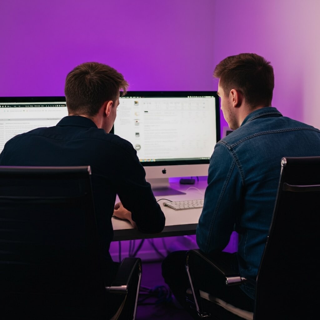 Two men sitting in front of two computers, looking at the screen