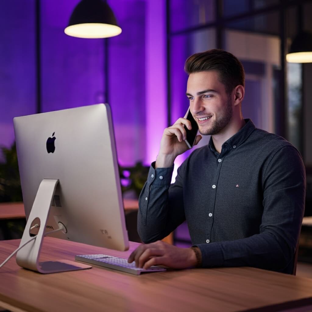 Man providing support, assistance and contact on the phone in front of a computer