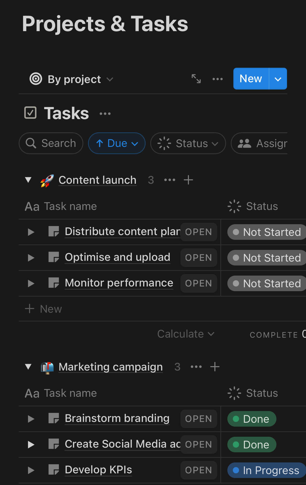 An overview of Projects & Tasks outlining various To-Dos