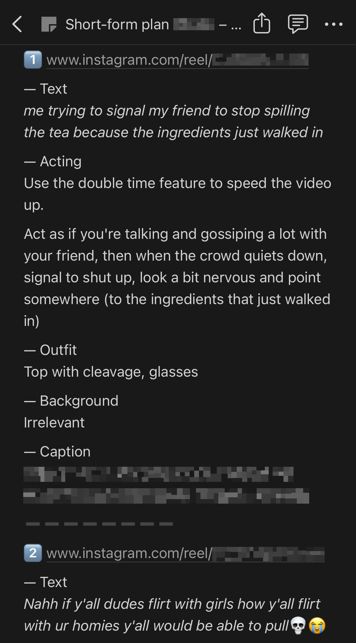 An example of a list describing how to record a short-form video
