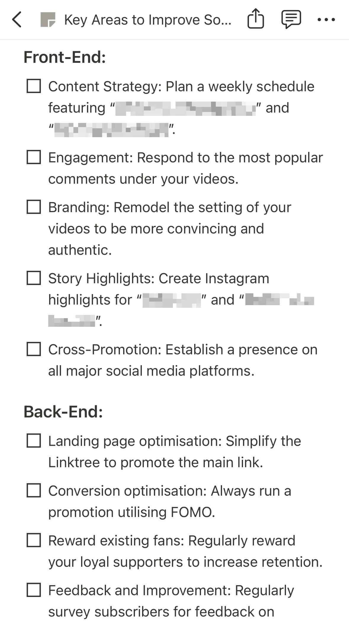 A checklist outlining various things that can be improved and optimized on a OnlyFans account