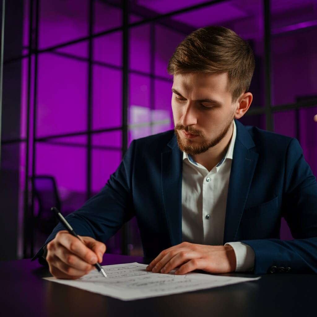 A man writing a plan on a notebook in an office