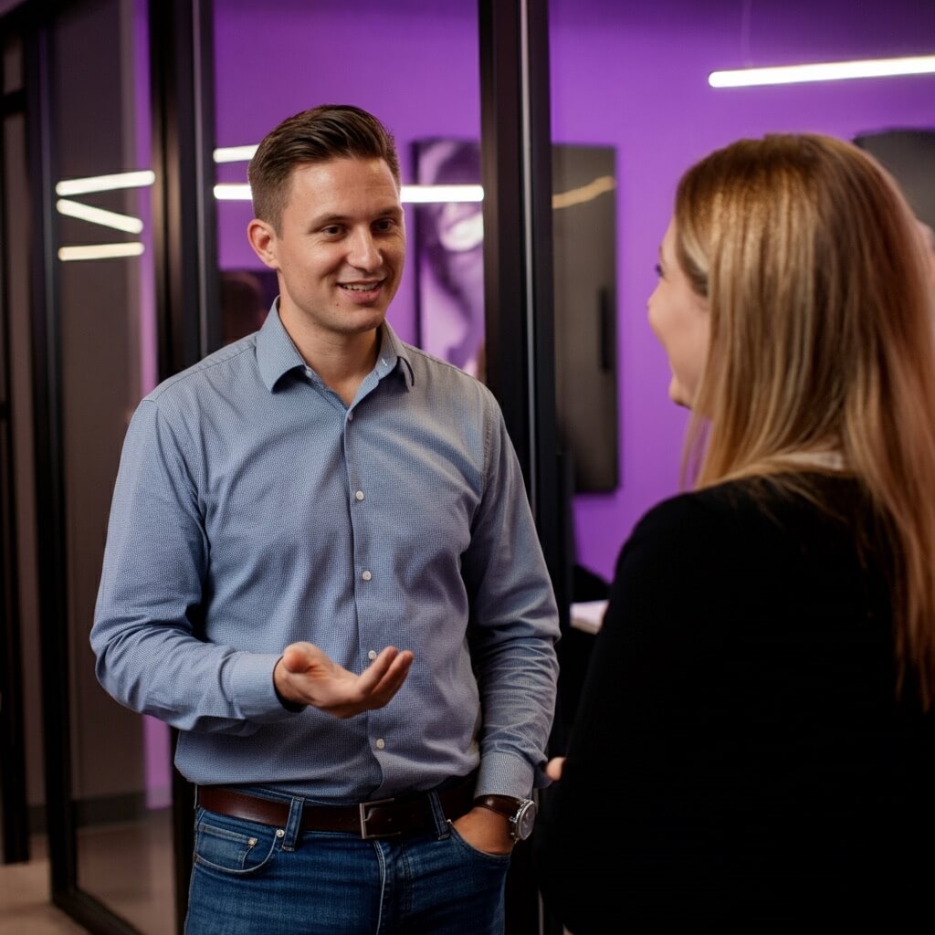 A man and a woman talking in an office
